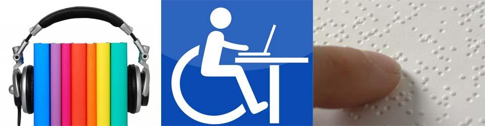 Images of reading braille, handicapped computer access, and audiobooks