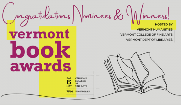 stylized line drawn along bottom eventually drawing an open book Vermont Book Awards Congratulations to nominees and winners 