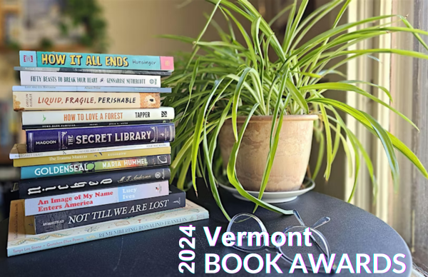 Stack of some of the Vermont Book Award 2024 finalist books, spider plant