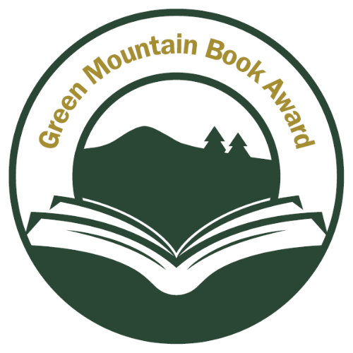 Green Mountain Book Award logo, a book with mountains and trees and an intro 