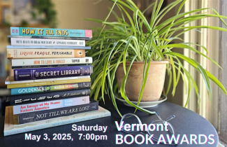 Stack of some of the Vermont Book Award 2024 finalist books, spider plant